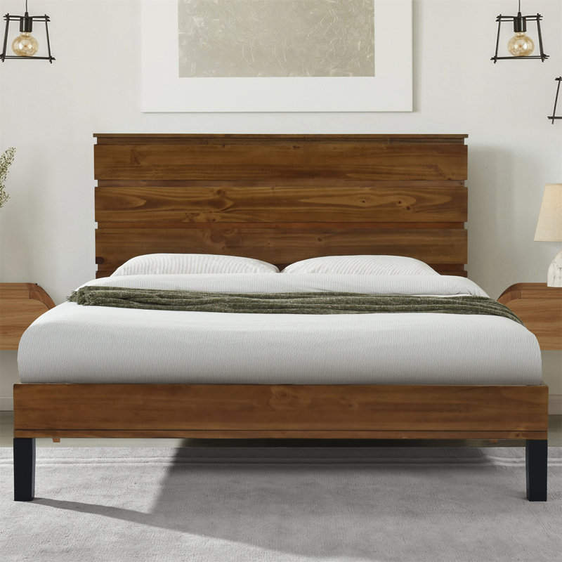 Lit plateforme en bois massif de style Mid-Century avec tête de lit six pièces, Très grand lit
