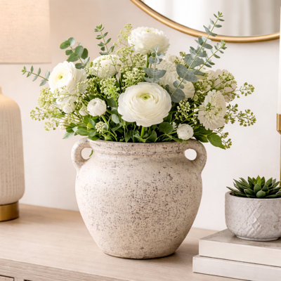 Vase rond en terre cuite à deux poignées pour la décoration intérieure - Vase à fleurs de style rétro pour décoration d'étagère ou de table d'appoint - 8 po, ivoire