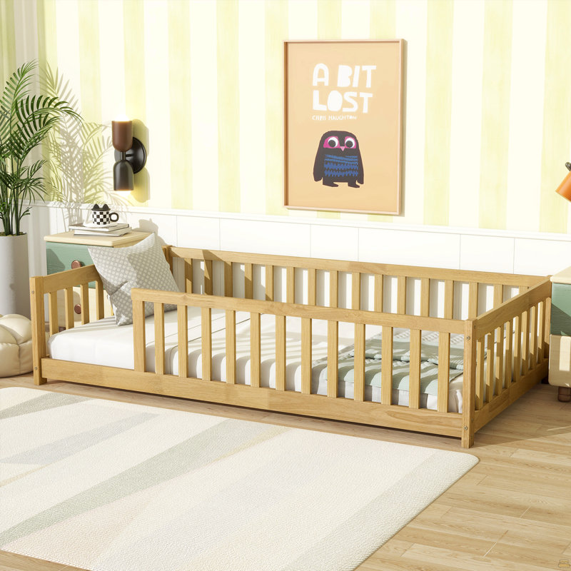 Twin Size Floor Bed With Fence Without Door, Rubber Wood Floor Bed With Safety Guardrails