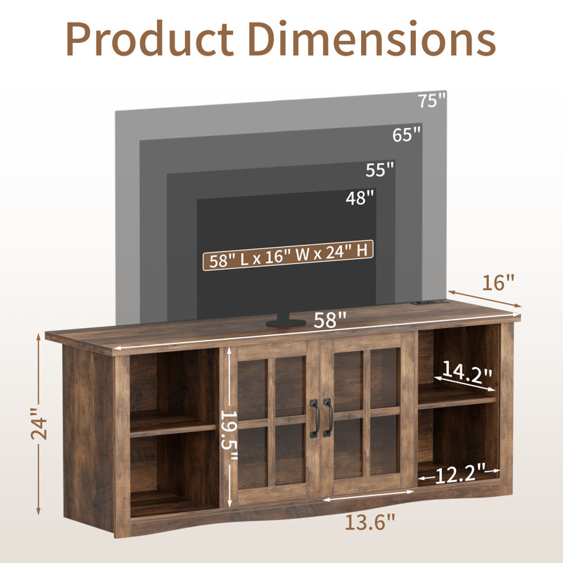 Rustic Farmhouse 58" Tv Stand For Tvs Up To 65", Solid Wood Entertainment Center With Glass Doors, Adjustable Storage, Built-In Charging Hub & Smart Led Lighting