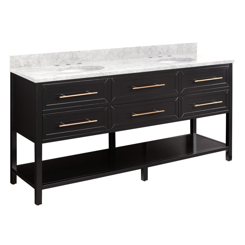 72" Robertson Double Bathroom Vanity Set with Oval Undermount Sinks, Midnight Navy Blue, 8" Widespread, Carrara Marble