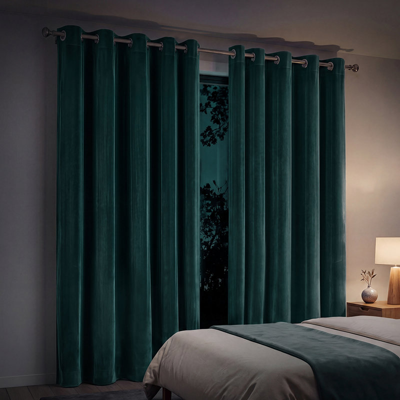  Thick Thermal Blackout Curtains Velvet 66x90 Inch Eyelet Ring Top Green