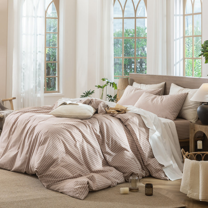 MooMee Striped Duvet Cover Set 100% Washed Cotton Linen Like Textured, California King Duvet Cover + 2 King Pillowcases