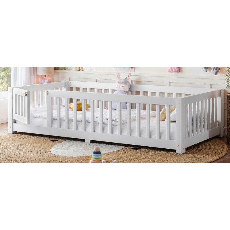 Lit sur pied avec garde-corps et porte pour enfants, Lit simple, Blanc