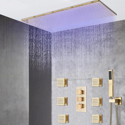 Brushed Gold 16x32" Rain Shower Faucet Set Kit Thermostatic Massage System Combo