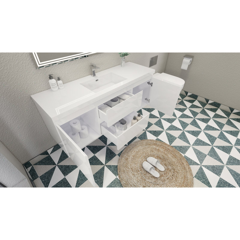59'' Single Bathroom Vanity with Acrylic Top, Hight Gloss White