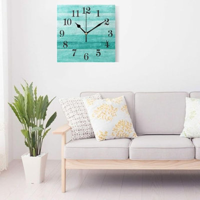 WIHVE Square Wall Clock Teal Turquoise Green Wood Wall Hanging Clock 8 Inch Battery Operated Desk Clock Hanging Clock Decor For Living Room, Bathroom, Bedroom, Kitchen