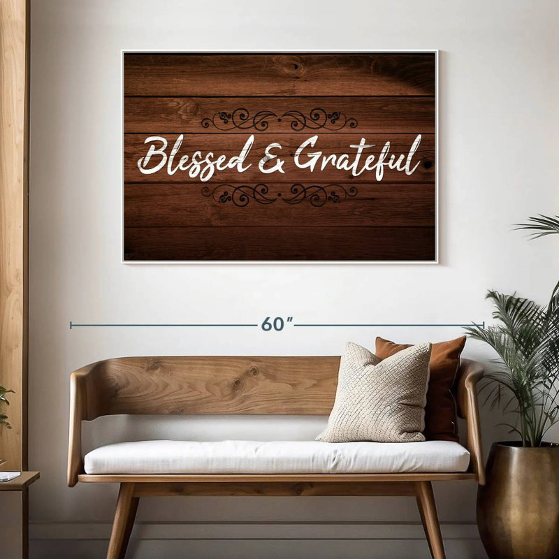 Bienheureux et reconnaissant, typographie I, Cadre flottant blanc, 46 po x 31 po
