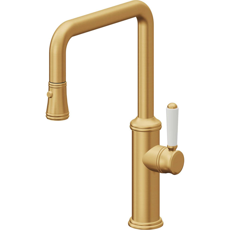 Davoli Kitchen Pull-Down Faucet with Button Sprayer - Quad Spout, Lifetime Satin Gold