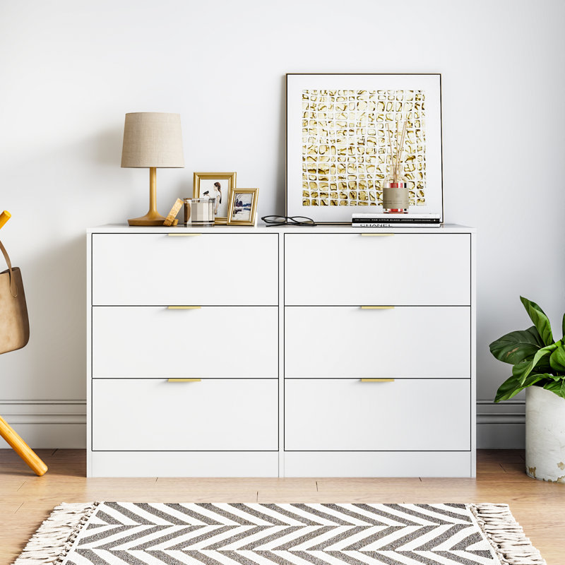 Commode double moderne 6 tiroirs l 47,1 po, Blanc