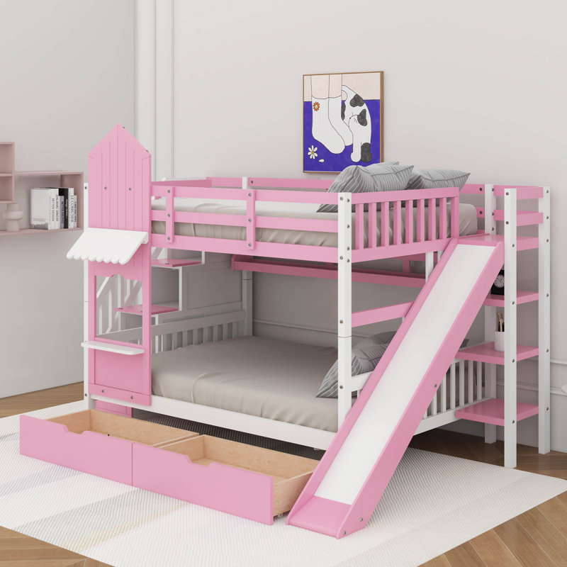 Lit superposé double de style château avec 2 tiroirs, 3 tablettes et glissade, Rose
