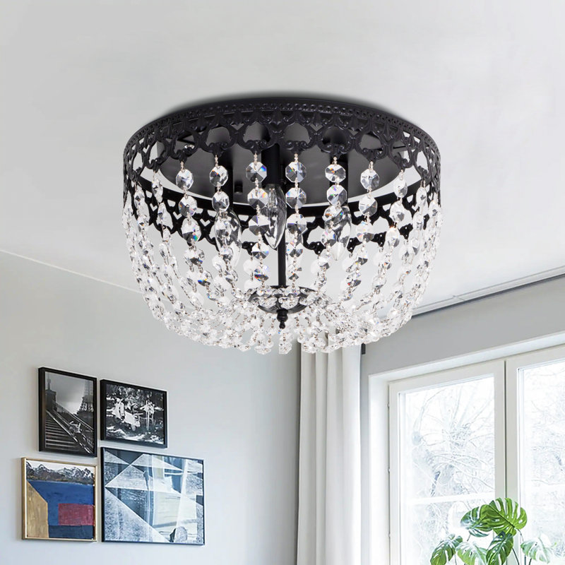 Melrose 15'' 4 - Lights Black Modern Bowl-Shaped Crystal Flush Mount Lighting Fixture For Living Room/ Bedroom, Matte Black