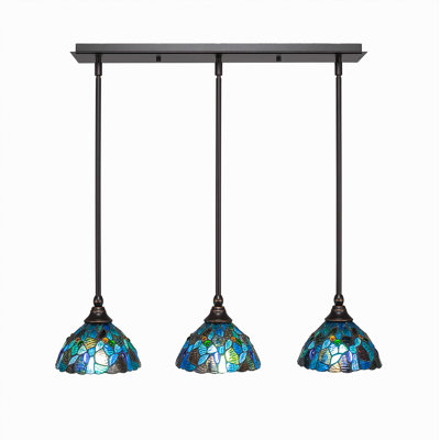 3 Light Stem Hung Linear Pendalier Shown 7" Blue Mosaic Art Glass