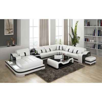 Lloydene 168" Wide Genuine Leather Modular Corner Sectional with Ottoman by Wrought Studio
