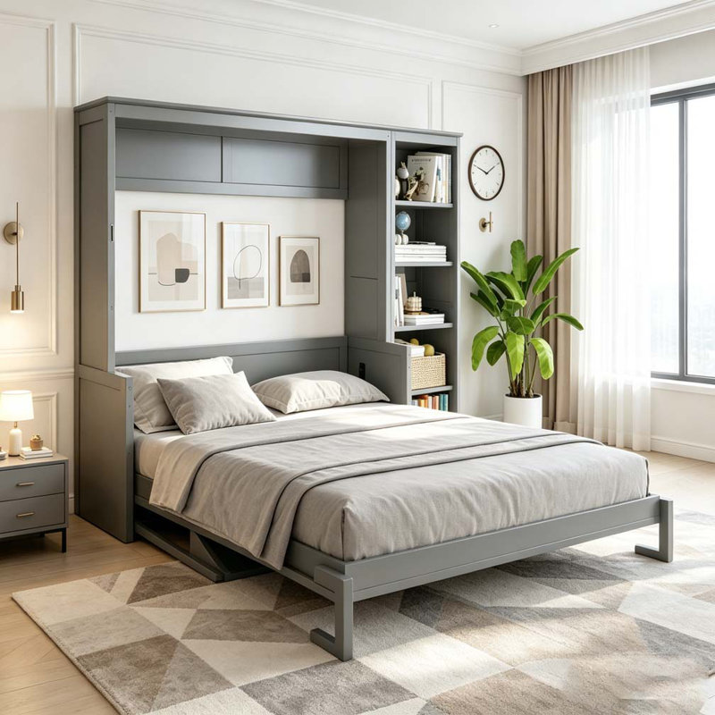 Lit escamotable avec bureau et tablettes Murphy, Gris, Grand lit