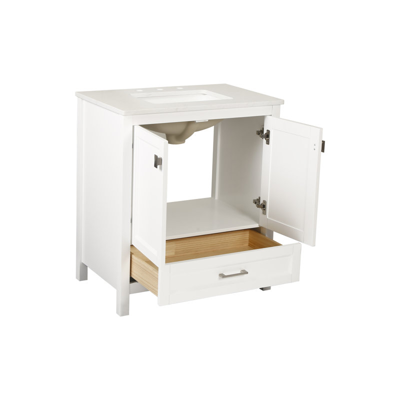 Meuble-lavabo de salle de bain 30 po, structure en bois massif blanc et marbre. Conception moderne, fermeture en douceur. Armoire 24V03-30Wh entièrement assemblée avec style sophistiqué.