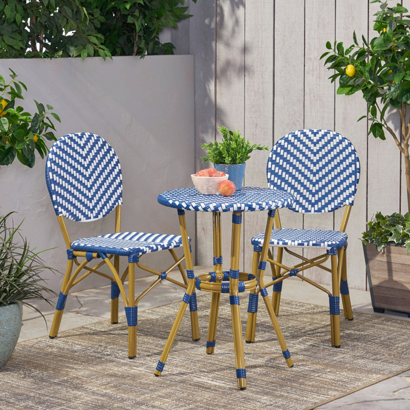 Ensemble bistro d'extérieur en aluminium 3 pièces, bleu marine, blanc, avec finition en bambou