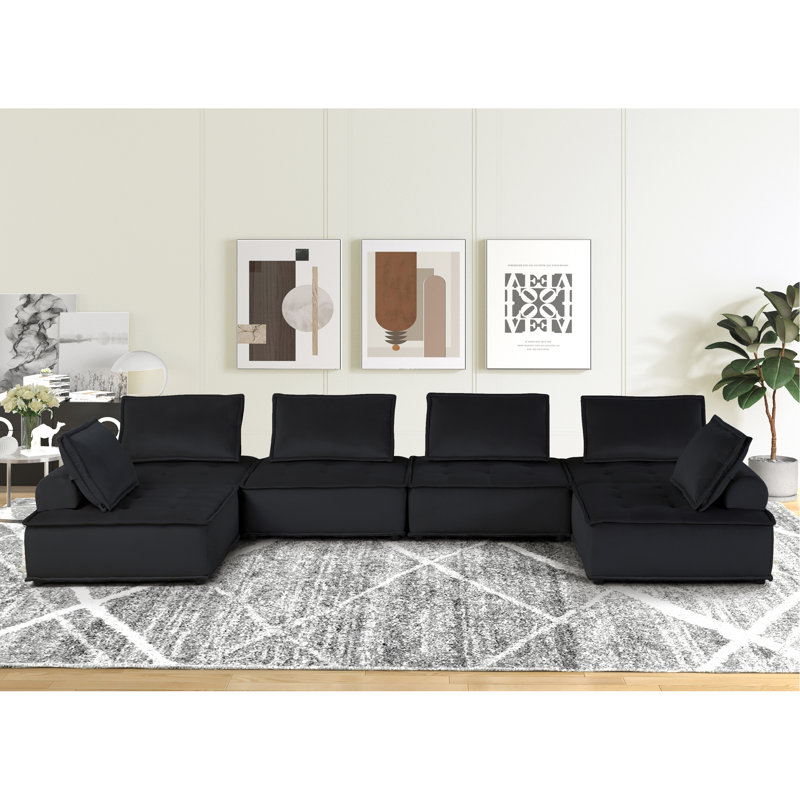 Canapé modulaire en forme de U 160 pouces en velours noir 6 places