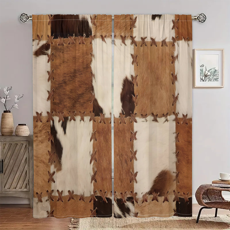 2Pcs Rustic Cowhide Patchwork Curtains Rod Pocket Western Style Window Drapes Farmhouse Stitched Panels Country Home Décor Cow Print Living Room Bedroom Kitchen Dining