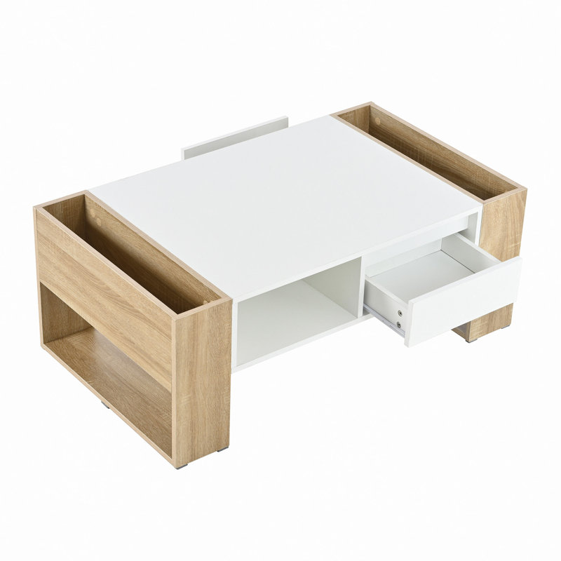 High Glossy Coffee Table With 2 Drawers, Practical Two Tone Center Table With Hidden Compartments, Rectangle Cocktail Table With Open Storage Shelf For Living Room, Bedroom, 41.3*23.6"