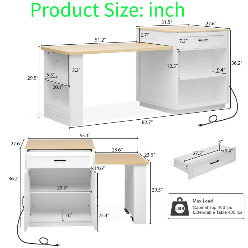 Multifunctional Kitchen Island With Extendable Table, Built-In Power Outlet, And Adjustable Shelves For Small Kitchens, White