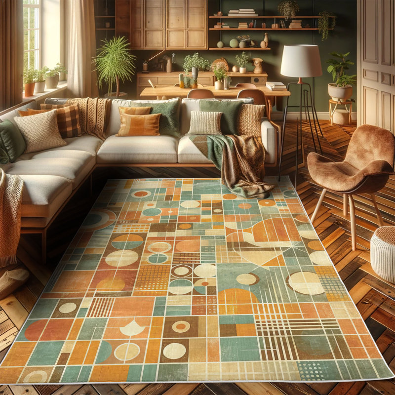 Mid-Century Modern Blue and Burnt Sienna Synthetic Area Rug