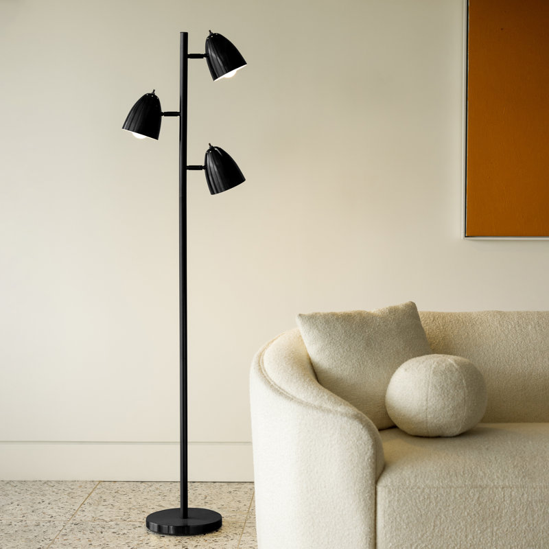 Jacob 64 in. Modern 3-Light Adjustable Standing LED Floor Lamp with 3 Metal Cone Shades, Black