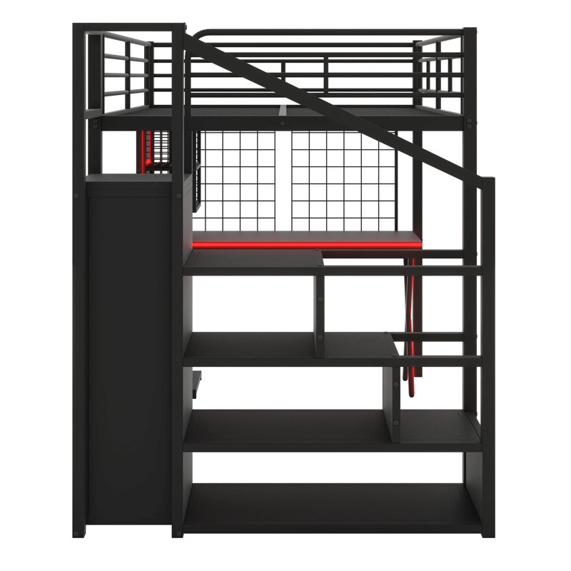Lit mezzanine double en métal avec espace de travail intégré, garde-robe, escalier de rangement et éclairage DEL