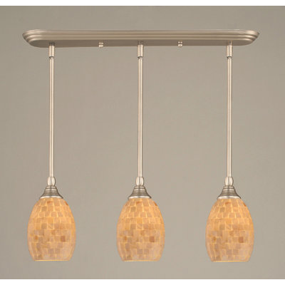 3 Light Stem Hung Linear Pendalier With 5" Ivory Glaze Seashell Glass