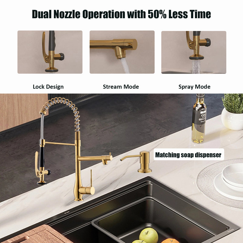 Double-Headed Single-Handle High-Pressure Kitchen Faucet, With Pull-Down Sprayer And Soap Dispenser., Gold
