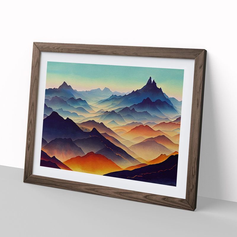 Watercolour Mountain Landscape Vol.6 - Single Picture Frame Painting, 34cm H x 46cm W x 2cm D, Walnut