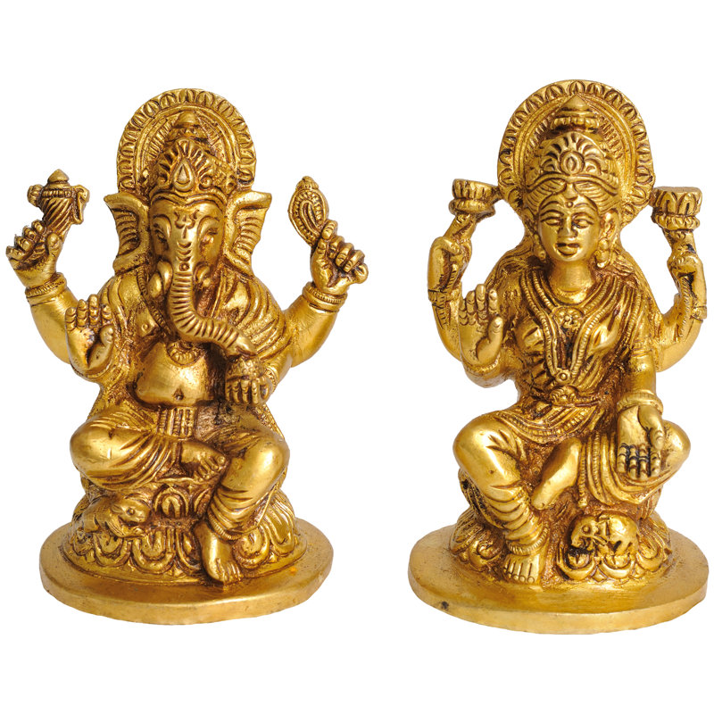 Handmade Brass Ganesha and Lakshmi Statue Pair - 4 Inch Prosperity Deities for Spiritual Home Altars, Puja, and Inspirational Decor