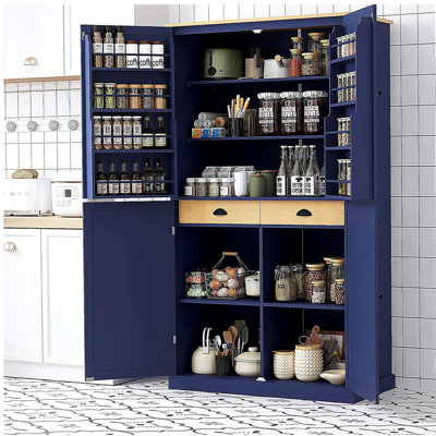 [Vidéo d'assemblage fournie] Armoire de rangement surdimensionnée de 40,2 x 20 x 71,3 pouces pour garde-manger grande taille avec 2 tiroirs, 2 tablettes réglables, 8 tablettes de porte pour la cuisine, la salle à manger, bleu Topmax