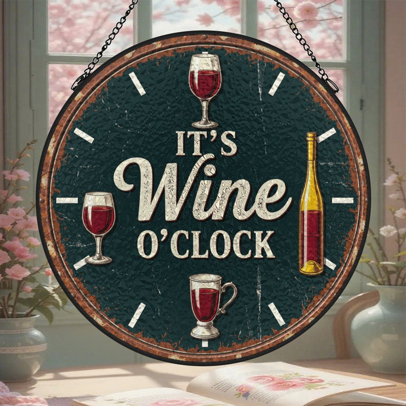 Vitrail Wine-O-horloge décorative vitrail pour fenêtre, 9,8 x 9,8 po (25 x 25 cm)