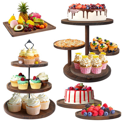 Ensemble de présentation en bois pour desserts : présentoir à cupcakes à 4 étages, présentoir à desserts à 3 étages, 2 plateaux de service ronds et 1 plateau rectangulaire. Parfait pour les fêtes, les mariages et les baby showers.