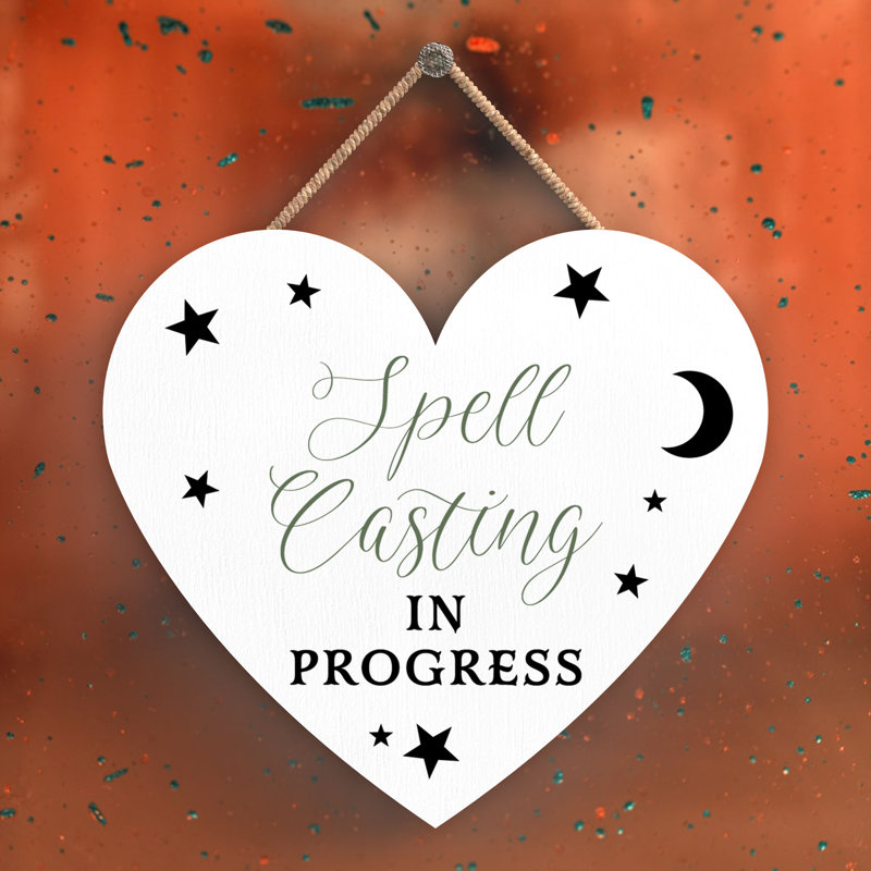 Witch Spell Casting Wooden Heart Plaque, 10cm H x 9cm W x 0.5cm D, White