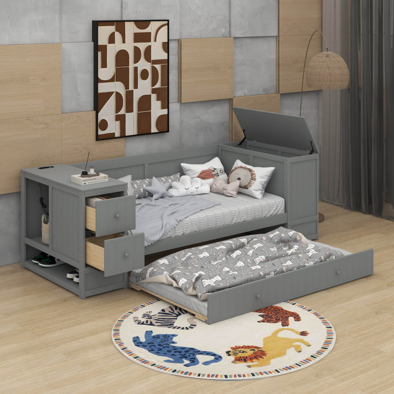 Lit de jour simple avec couchette et station de charge, Gris