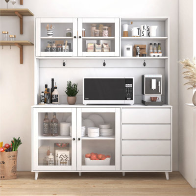 Large Kitchen Hutch Cabinet, Freestanding Pantry Cabinets Storage Kitchen Cupboard With 4 Doors, 4 Drawers & Microwave Shelf