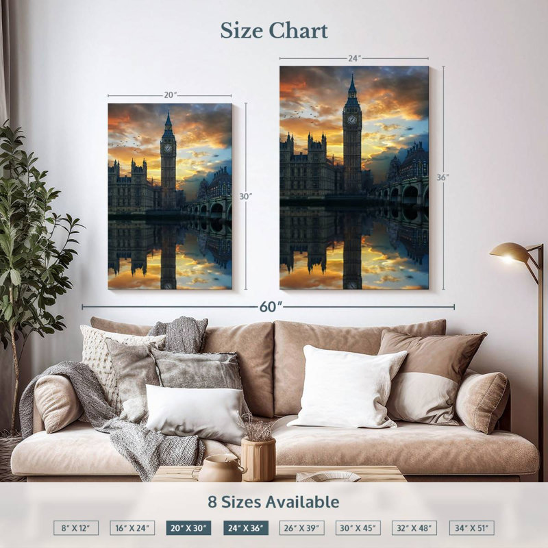 Aime Big Ben au coucher du soleil, H 36 po x l 24 po