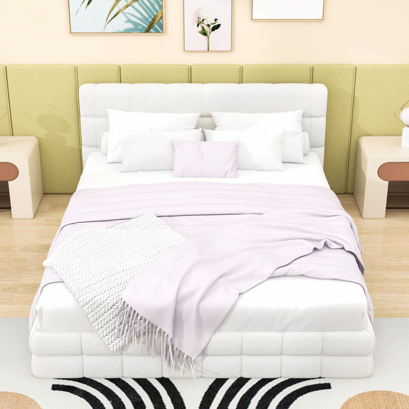 Luxurious Queen Size Upholstered Platform Bed with Headboard, White