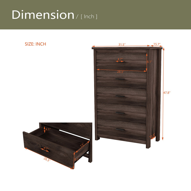 Commode en bois rétro à 5 tiroirs, Noyer foncé