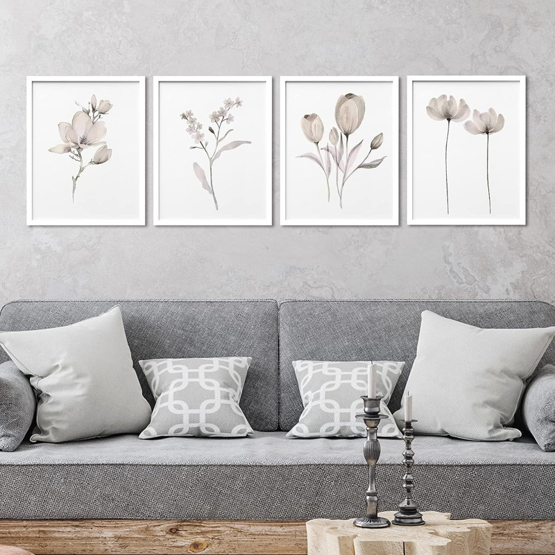 Minimal Botanical " IDEA4WALL Framed Pastel Winter Tulip Daisy Flower Wall Art, Set Of 4 Nature Wilderness Wall Decor Prints, Botanical Floral Wall Decor For Living Room, Bedroom " 4 - Pieces