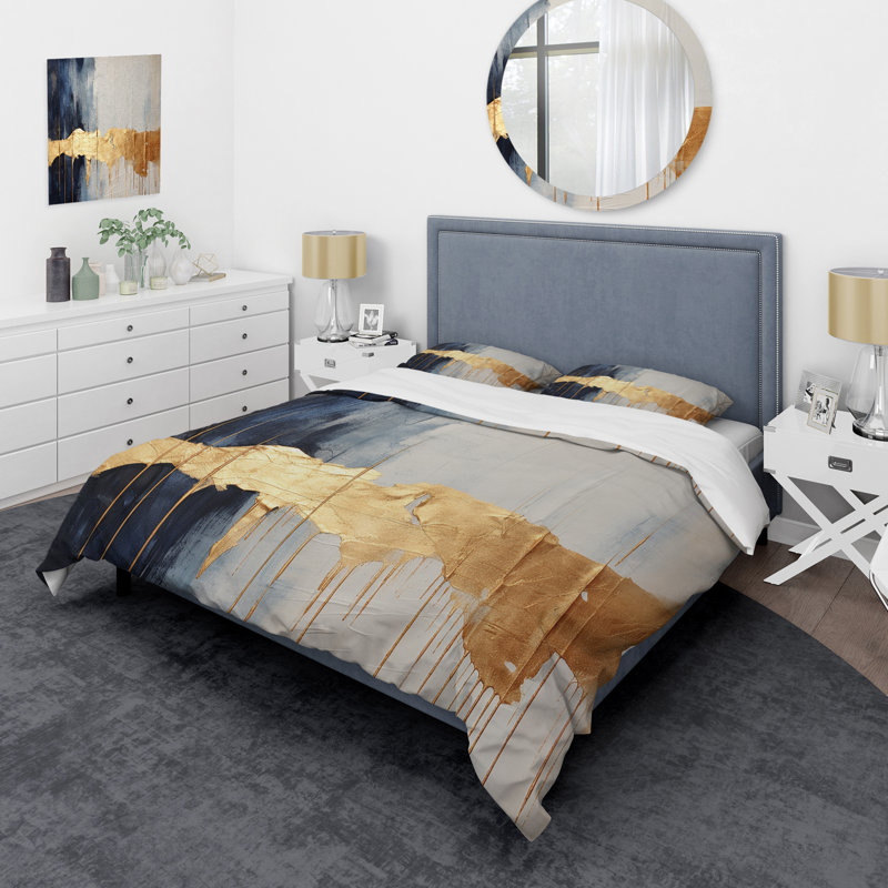 Waves Of Joy Minimal Nova Blue And Gold I - Abstract Duvet Cover Set - Microfiber Polyester, King Duvet Cover + 2 King Shams