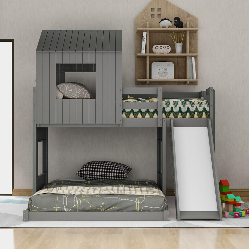 Lit superposé simple en bois sur lit double, lit mezzanine avec maisonnette, gris