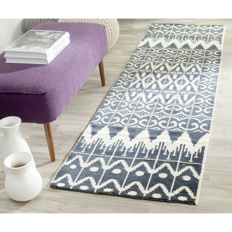 Alimatou Hand Knotted Wool/Cotton Geometric Rug in Charcoal, Runner 2'3" x 8'