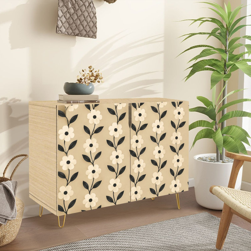 Buffet Buffet avec rangement Vintage Floral Cream Fleurs noires avec 2 portes pour le salon et la cuisine