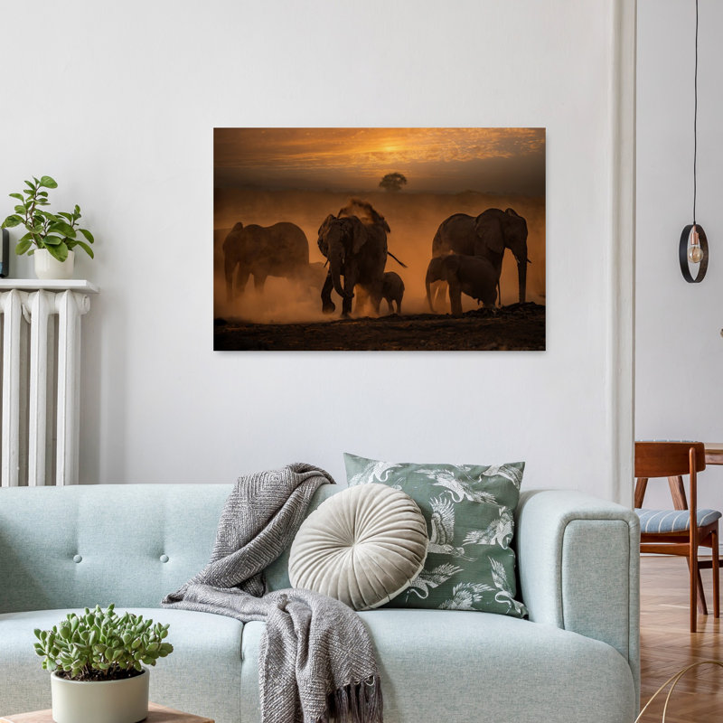 «Golden Hour Elephant Family Abstract Contemporary Landscape Nature», art mural, 24" H x 36" W