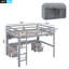 Lit mezzanine double avec bureau, armoires, tiroirs et plateau de chevet, station de charge, gris-539623654