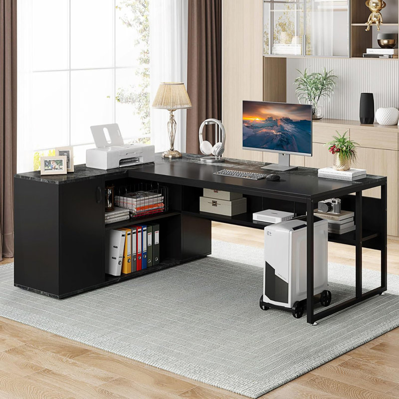 Bureau de direction en L avec armoire de rangement et tablettes