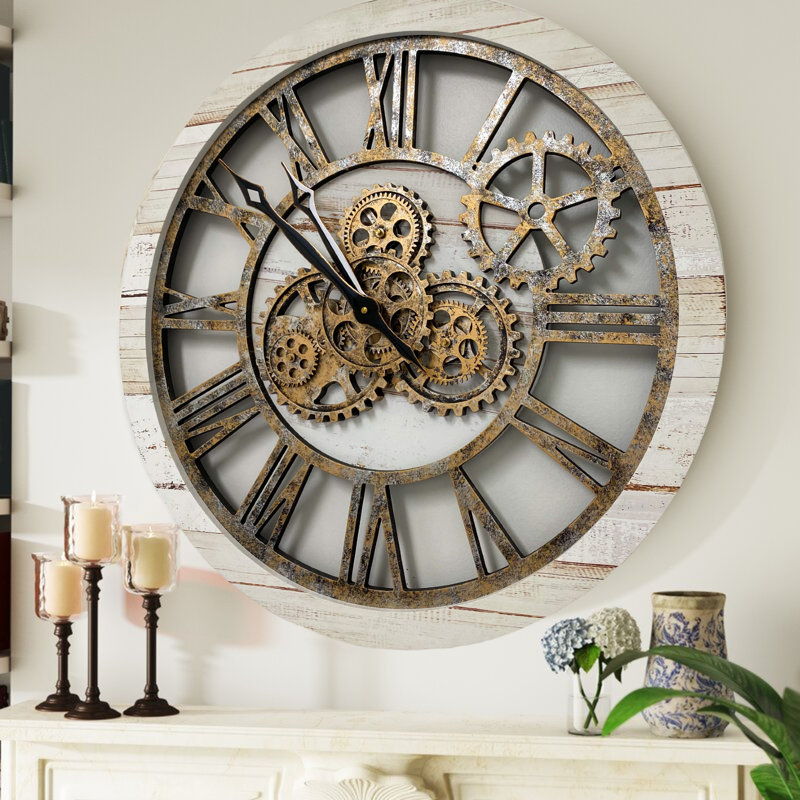 Oversized Desert Beige and Bronze Industrial Wall Clock with Real Moving Gears